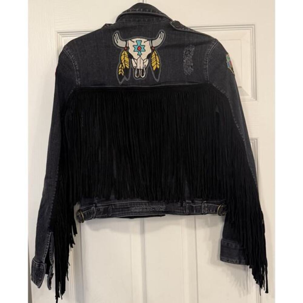 McGuire Skywalker Jacket Small Black Patches Suede Fringe Western Festival Rodeo